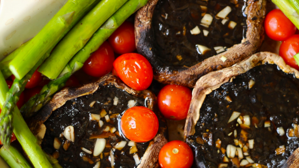 Roasted Balsamic Portobellos with Cherry Tomatoes and Asparagus