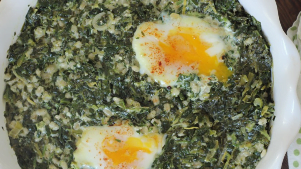 Creamed Spinach and Baked Eggs with Barley