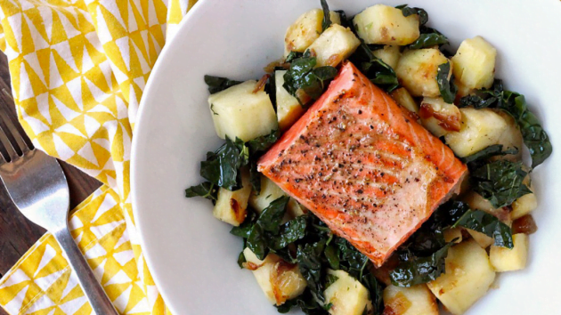 Whole30 Kale and White Sweet Potato Hash with Salmon - Real Plans
