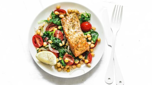 Sheet Pan Roasted Greek Salmon with Chickpeas and Veggies