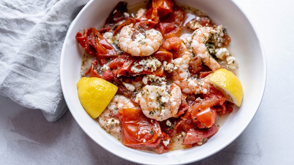 Roasted tomatoes and shrimp – horizontal