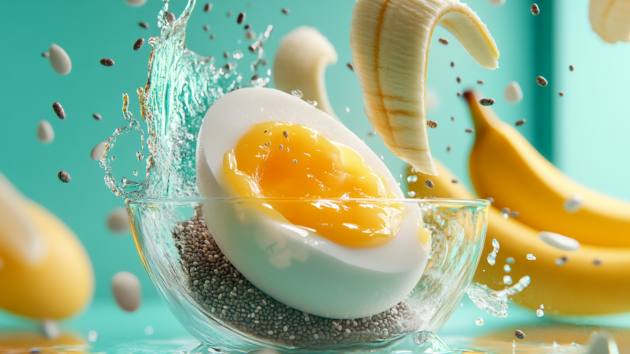 Illustration of a cracked egg transforming into various egg substitutes, including a banana, applesauce, chia seed gel, and yogurt, with vibrant turquoise and mint green accents highlighting the substitutes against a softly blurred kitchen background